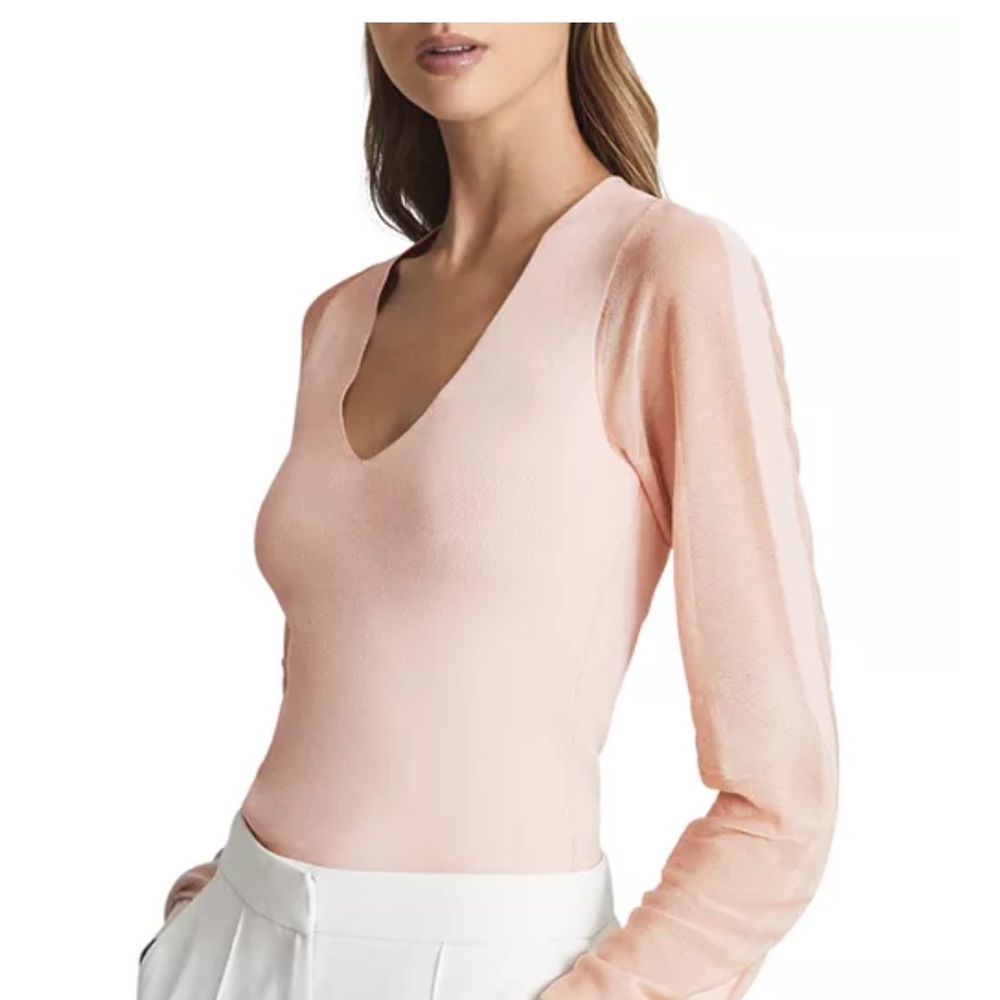 Reiss Sophie V-Neck Sheer Sleeve Knit Top in Pink